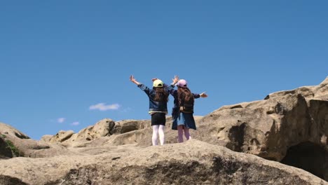 children conquered the mountain, at the top. selective focus. nature.
