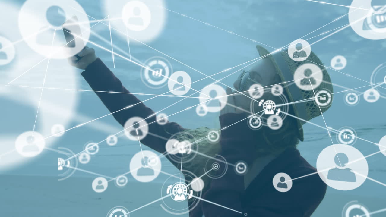 해변에 있는 백인 여성에 대한 미디어 아이콘과의 연결 네트워크의 애니메이션