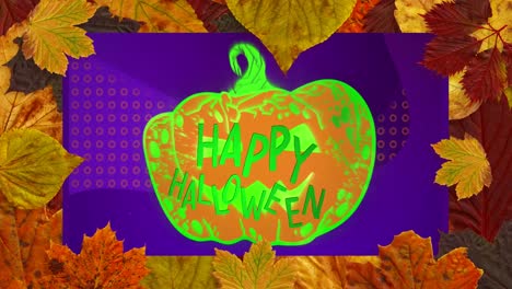 Animation-of-leaf-frame-over-happy-halloween-and-jack-o-lantern-in-background