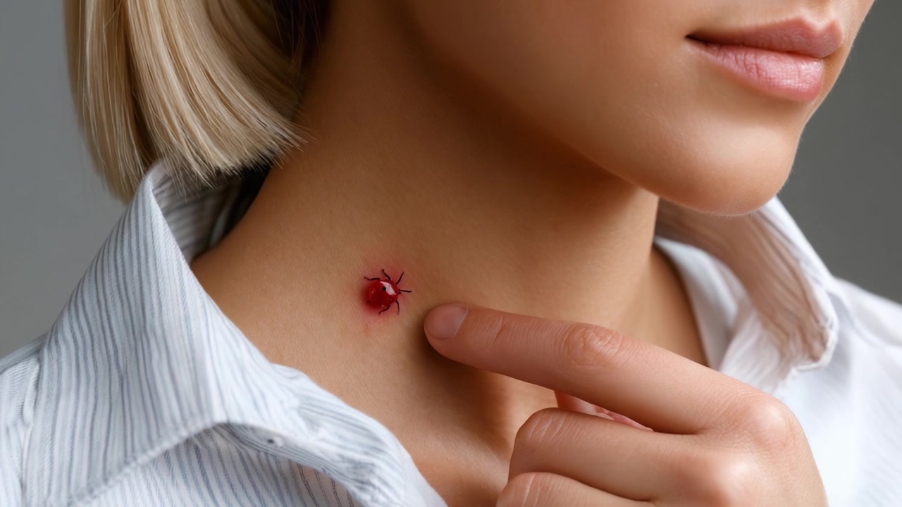 Primo piano del collo di una donna che evidenzia un insolito morso d'insetto con sangue, catturando la reazione e la preoccupazione dell'individuo in due fotogrammi distinti.