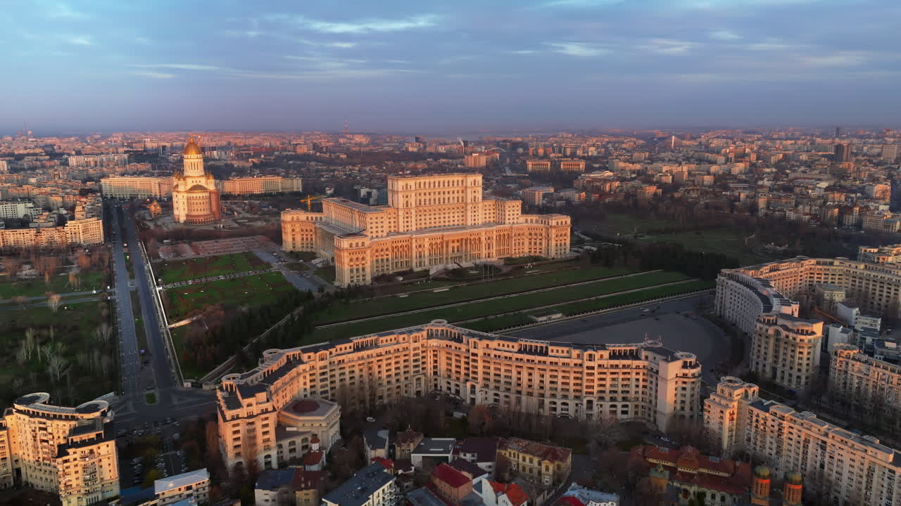 Aerial drone view of Palace of the Parliament in Bucharest downtown at sunset. Romania