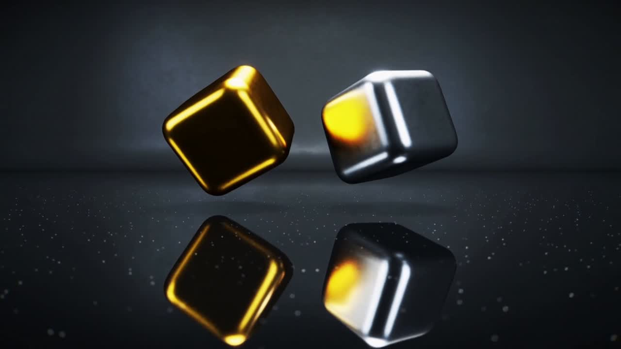 Rotating gold left and silver right cubes hovering in studio, reflecting on glossy plane