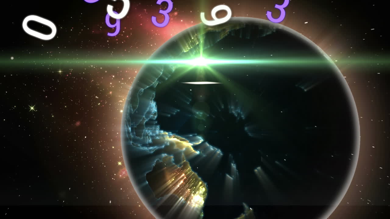 Animation of numbers changing and globe spinning over glowing light in background