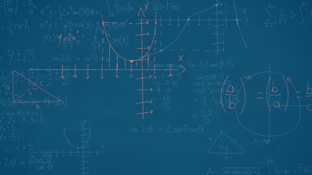 animación de ecuaciones matemáticas y diagramas flotando contra un fondo azul