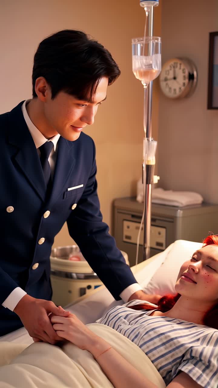 Caring Man in Uniform Holding Hand of Patient in Hospital