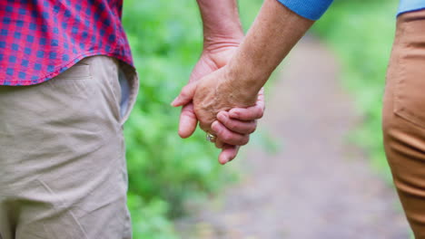 close up of loving mature couple holding hands on walk along path in countryside together