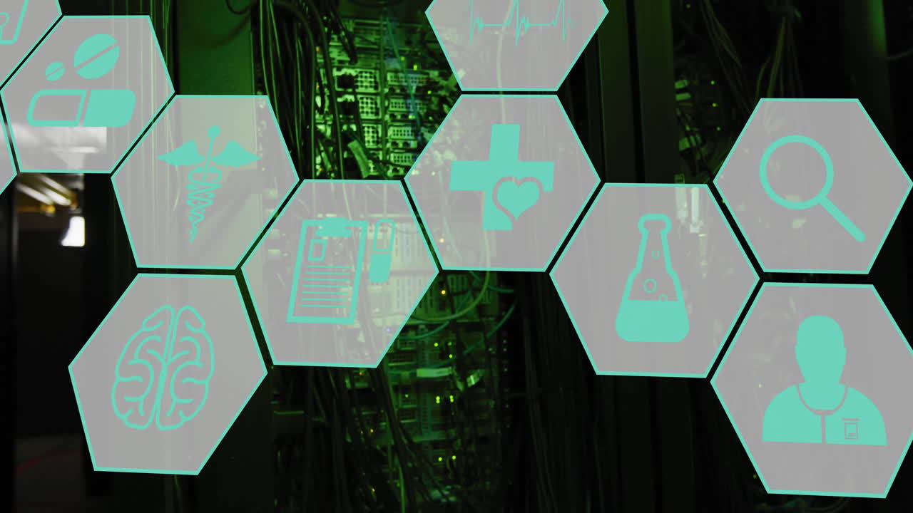 animación de iconos científicos y médicos con procesamiento de datos a través de servidores informáticos