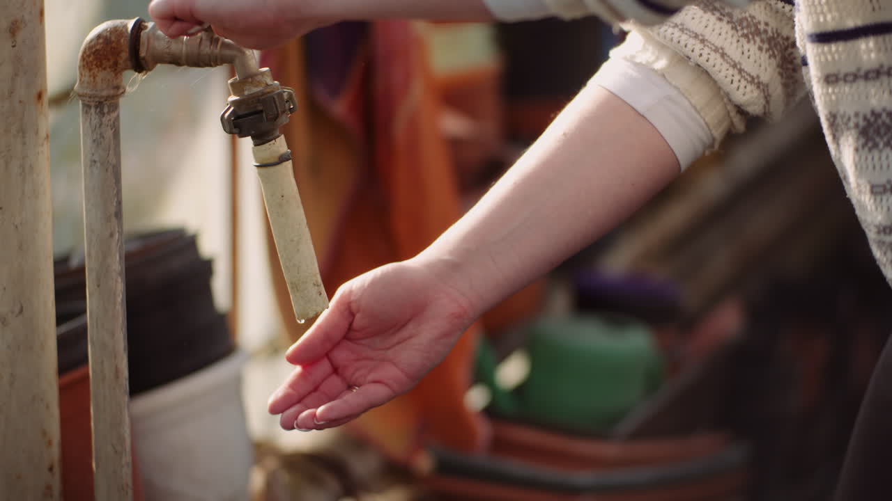 정원에서 수도꼭지에서 손을 씻는 여성 정원사