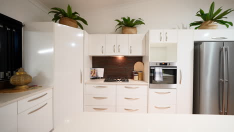 pullback above white countertop showcases white retro bar stool with tropical plants adorning tops of cabinets and outside