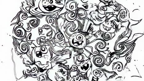 whimsical black and white doodle art with cartoon monsters and characters