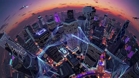 paisaje urbano futurista al atardecer