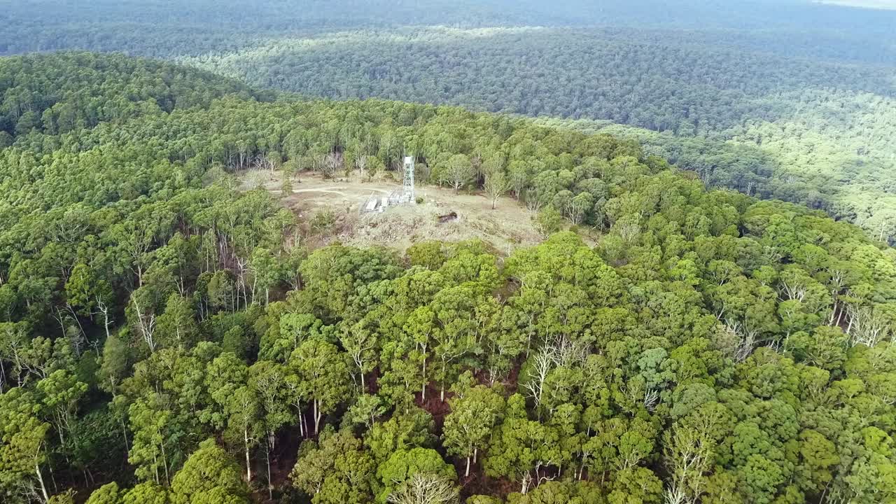 imágenes aéreas sobre la torre de fuego y el bosque nativo en blue mountain, cerca de newbury en el centro de victoria, australia