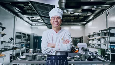 chef asiático sonriendo y cruzando los brazos a la cámara mientras está de pie en la cocina