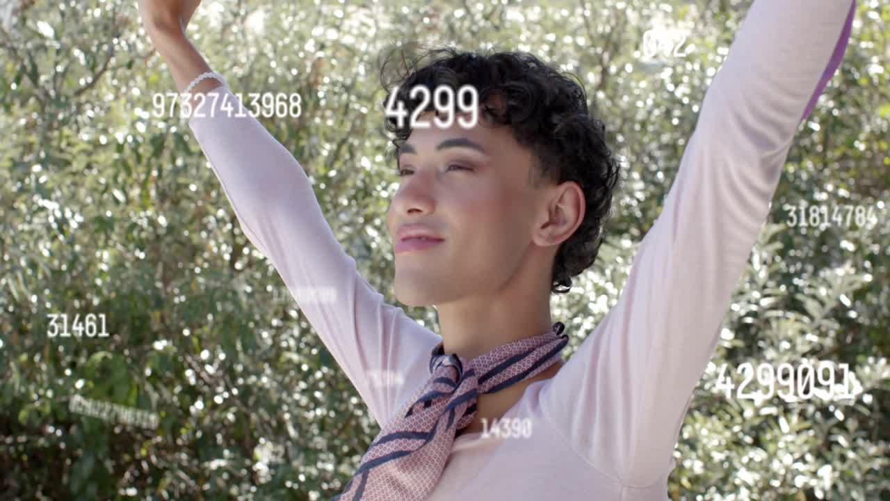 Male holding rainbow flag, breeze causing billowing, floating numbers crossing chest, design Pride