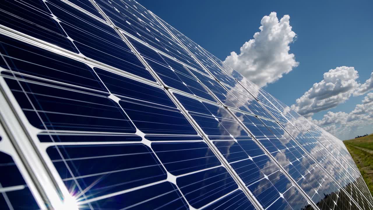 Low-angle video shot of solar panels reflecting clouds, emphasizing renewable energy