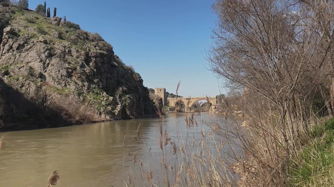 Toma estática del Sendero Ecológico del Tajo mostrando plantas de ribera secas, árboles sin hojas, el río Tajo, el Puente de San Martín y un acantilado rocoso en la orilla opuesta.