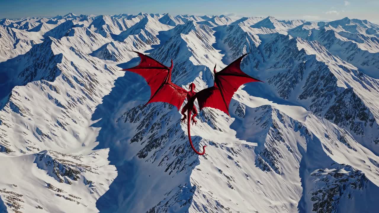 Aerial view of a red dragon soaring over snowy mountains, captured in a cinematic video style