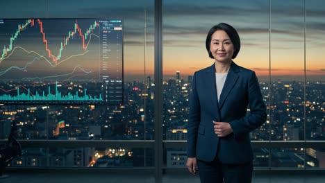 professional businesswoman standing confidently in modern office overlooking a city skyline with financial graphs displayed on a screen during dusk