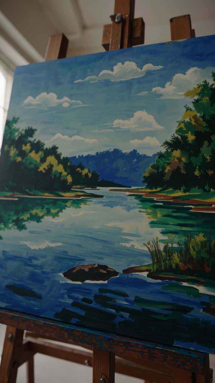Peinture de paysage vibrante sur un chevalet dans un atelier d'art.