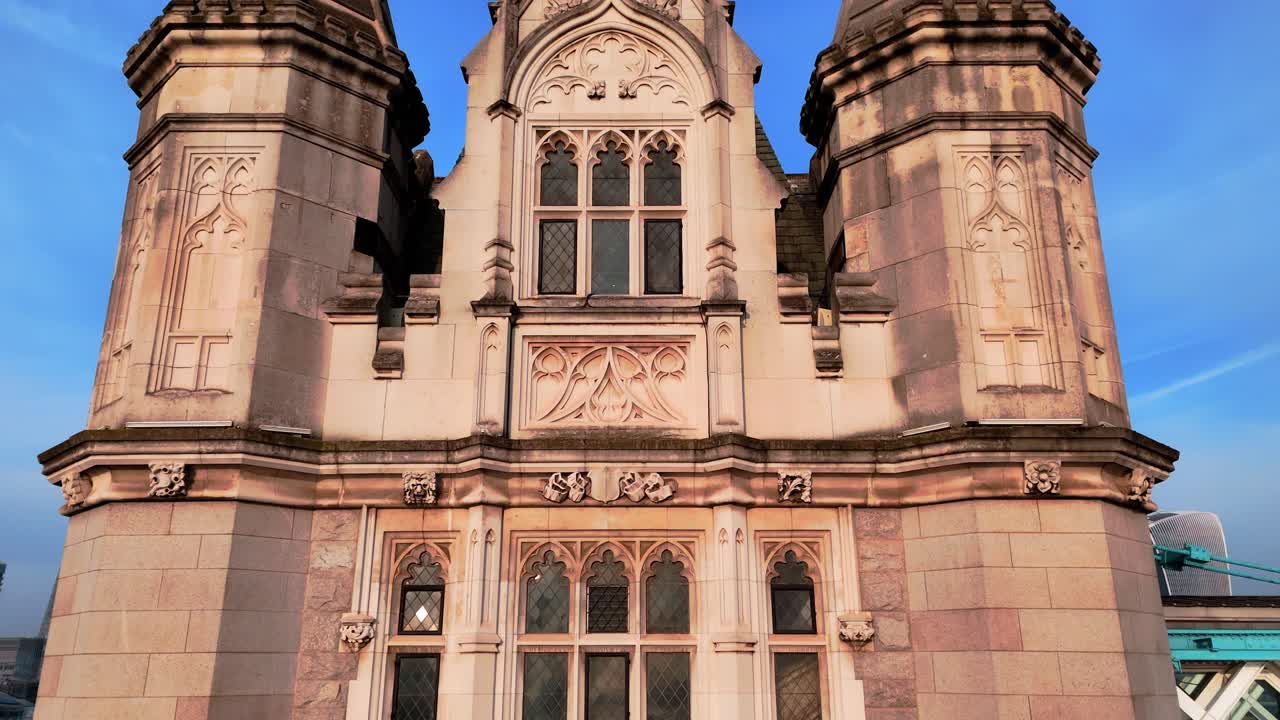 Aerial reveal, turret structure, historic ornate bridge construction