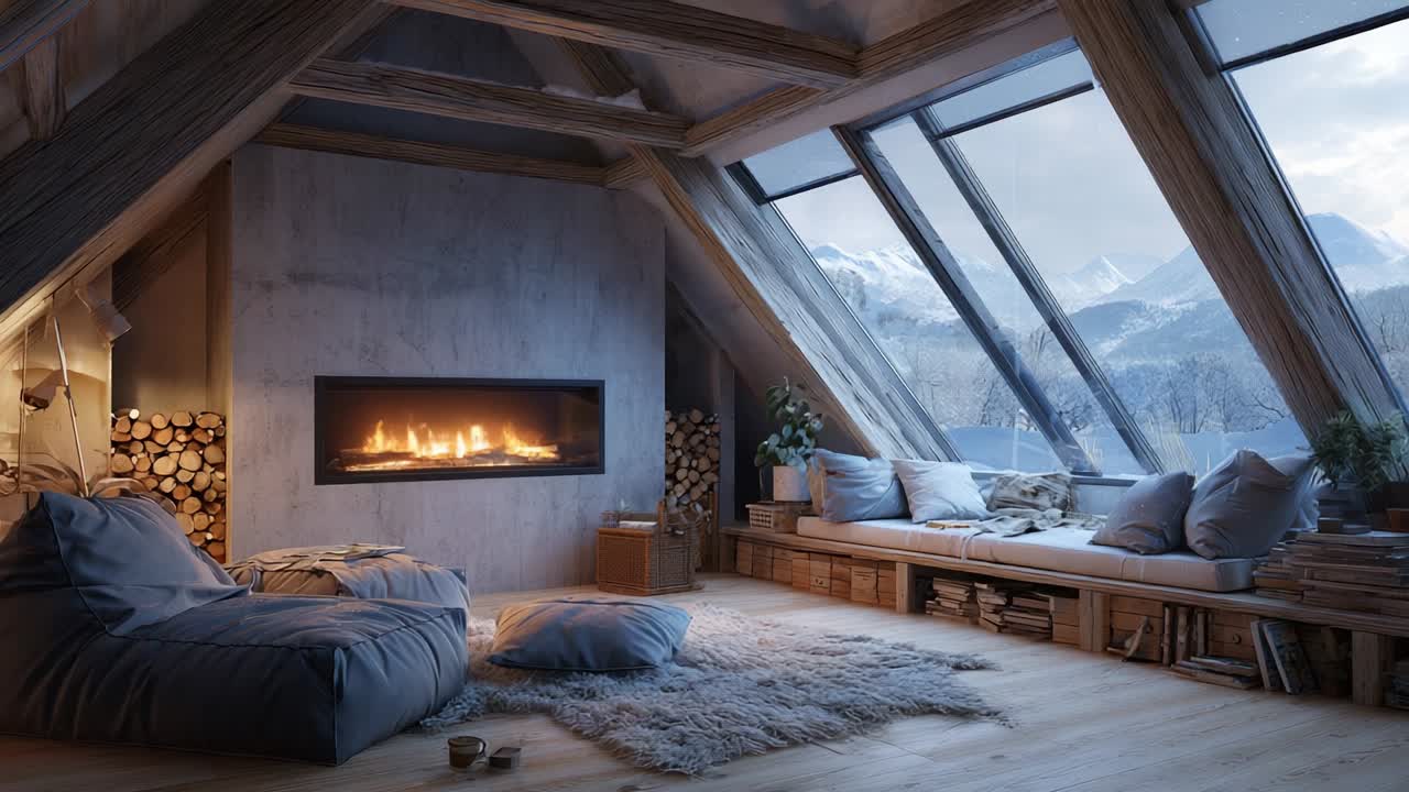 A Cozy and Inviting Mountain Retreat: A Beautifully Designed Attic Lounge Featuring a Warm Fireplace, Plush Bean Bags, and Large Windows Showcasing Breathtaking Views of Snow-Capped Mountains