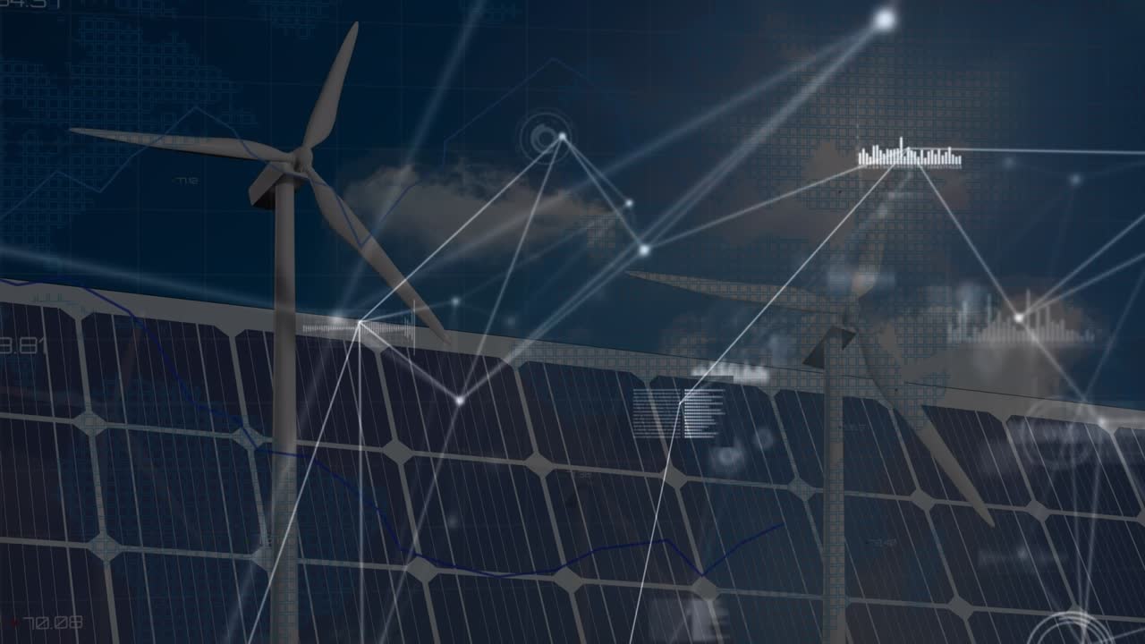 Animation of network of connections over solar panels and wind turbines