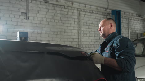 car engineer in blue uniform meticulously opens the hood of a black suv, with a white car and lift machine nearby in a well-lit mechanical workshop