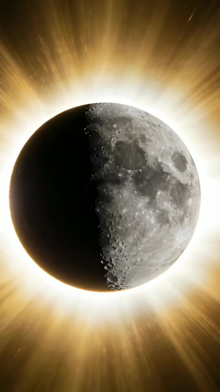 Vertical video: Shifting light guiding Moon rotating in space, revealing golden corona and streaks