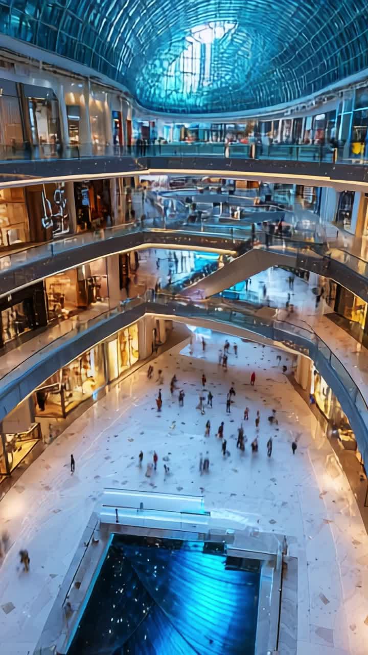 Vibrant Shopping Mall Interior with a Stunning Glass Ceiling, Modern Architecture, and Crowds of Shoppers Moving Through the Spacious Multipurpose Complex