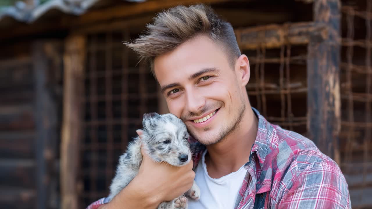 Un momento gioioso tra un giovane uomo e il suo adorabile cucciolo, che mette in mostra il legame di amore e compagnia su uno sfondo rustico