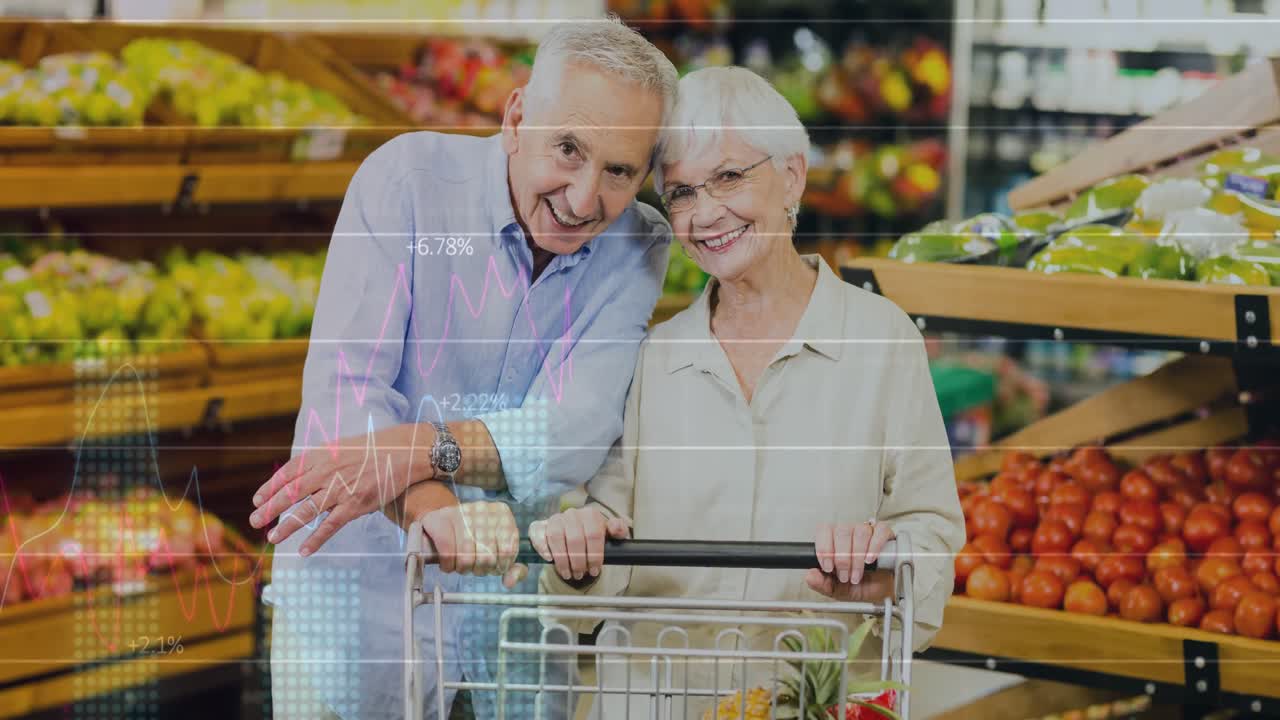 시장에서 행복한 고위 백인 커플에 대한 금융 데이터와 그래프의 애니메이션.