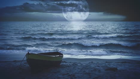 lonely boat at sea shore at night with big moon reflecting in the water. beautiful fantasy shot. symbol of loneliness, travel. visual loop.