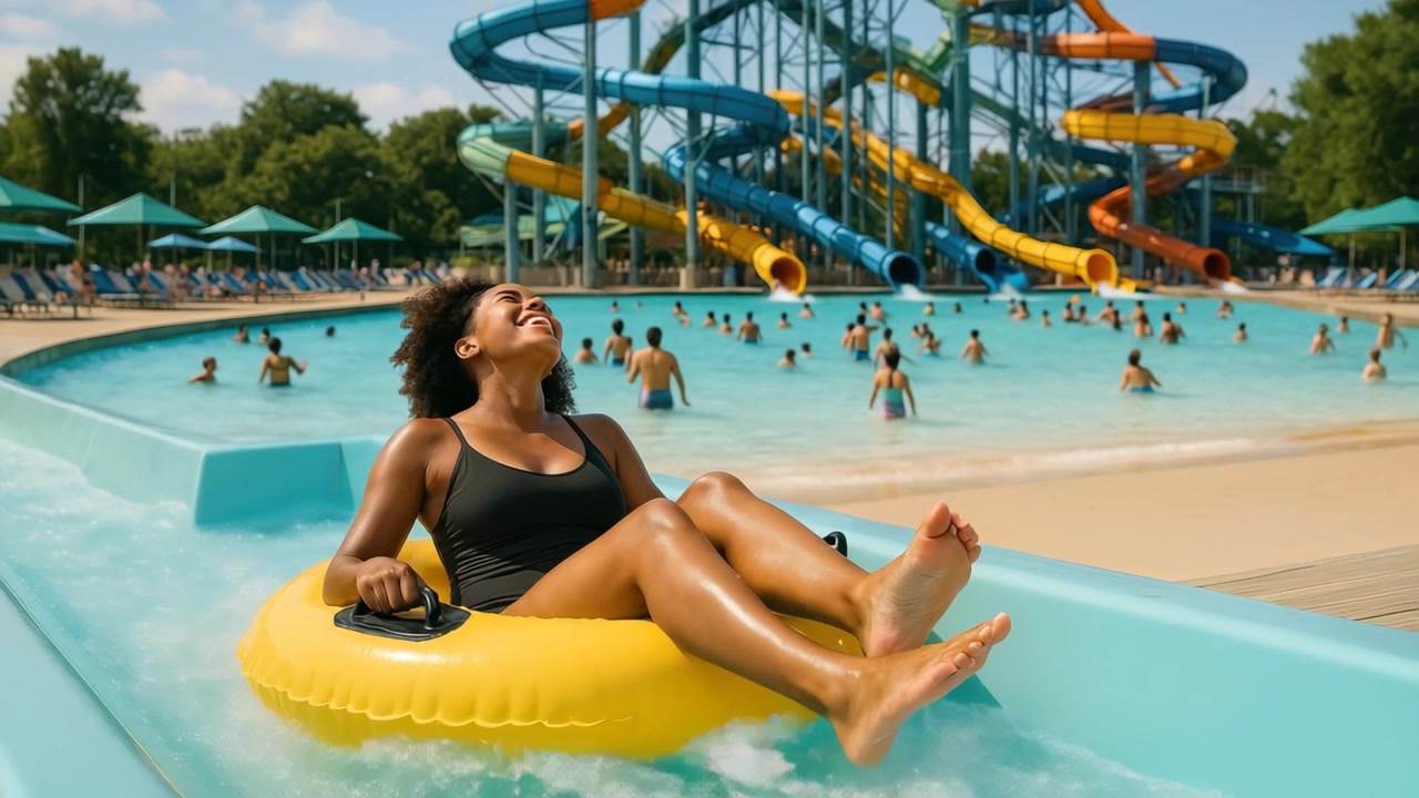 Glad ung afroamerikansk kvinna som flyter på en lazy river