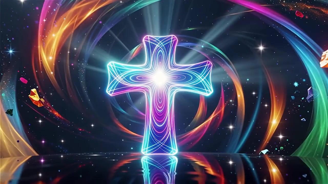 Christliches Kreuz, himmlisches Licht, Anbetungshintergrund.