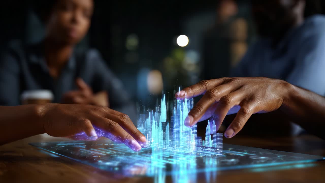 Innovative Collaboration: Individuals Engaging with a Holographic City Model, Showcasing Future Urban Planning Through Interactive Technology, Creating a Dynamic and Engaging Visualization Experience