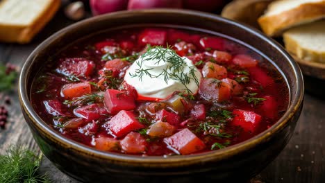 six steaming bowls of borscht, a vibrant beet soup, garnished with a dollop of sour cream and fresh dill, presented on a rustic wooden table alongside accompaniments of crusty bread and fresh beets