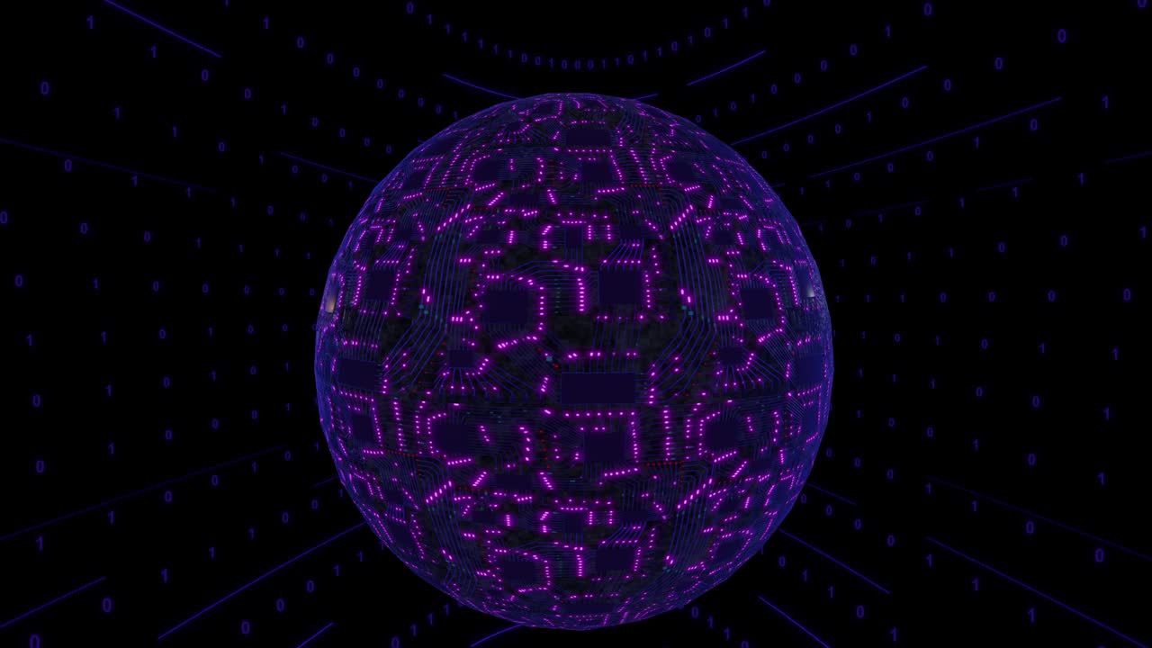 Concetto digitale 3D viola, pianeta sferico con scheda madre e CPU. Rete neurale digitale. Ondulazione di potenza della CPU