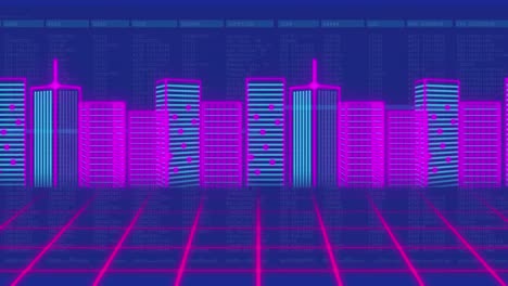 animación del procesamiento de datos sobre el paisaje urbano sobre fondo azul