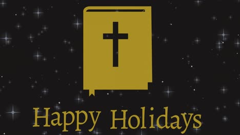 Animation-of-christmas-greetings-with-holy-bible-with-cross-and-stars-falling-on-black