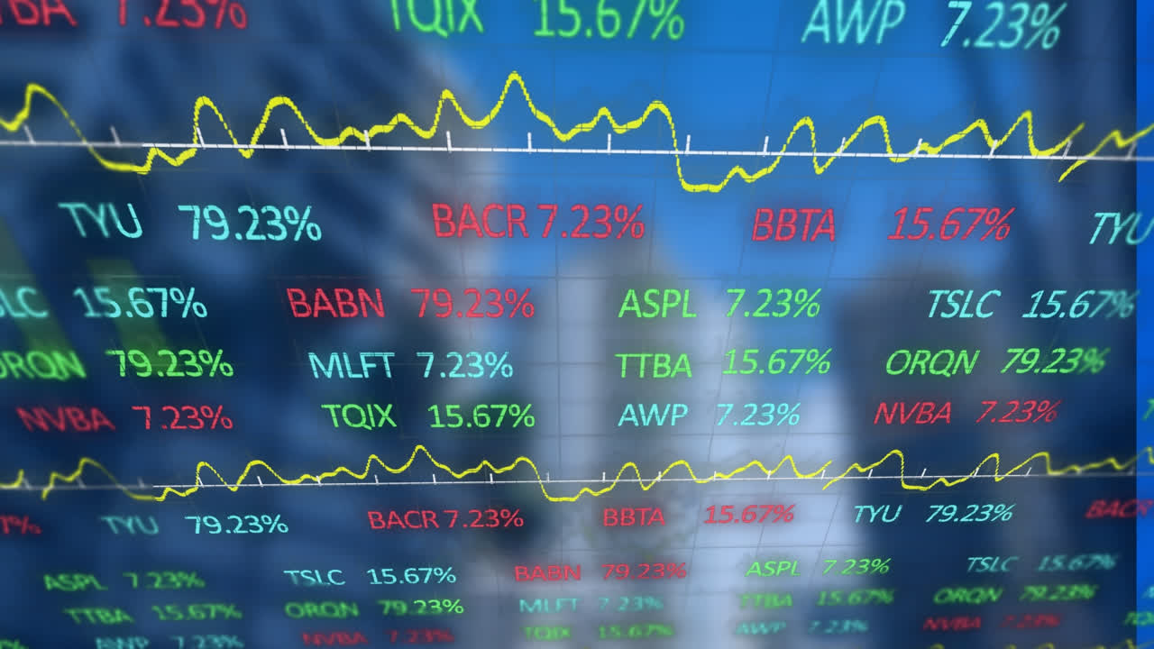 Animazione dell'elaborazione di dati finanziari su un paesaggio urbano