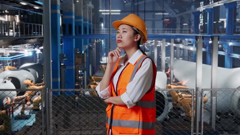 vista lateral de una ingeniera asiática con casco de seguridad de pie en una fábrica de fabricación de turbinas eólicas. pensando en algo y mirando a su alrededor mientras el brazo robótico trabaja