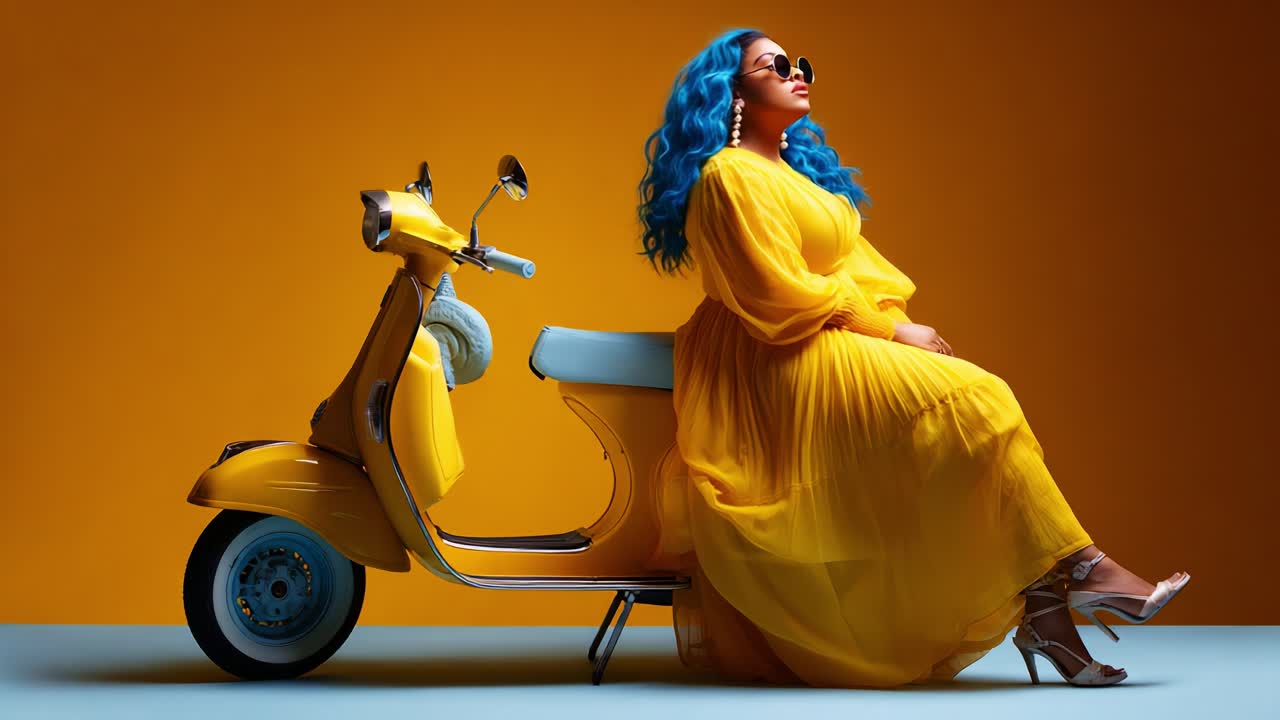 A vibrant fashion statement showcased with a stylish individual dressed in a flowing yellow gown, featuring striking blue hair, confidently posed beside a classic yellow scooter against a bold backdrop