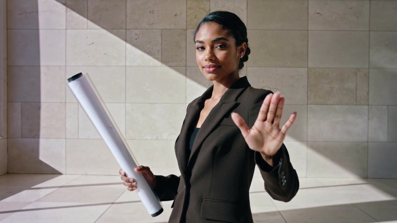 Designer con blazer scuro che alza la mano e tiene un tubo nell'atrio, segnalando di fermarsi mentre l'inquadratura si allarga