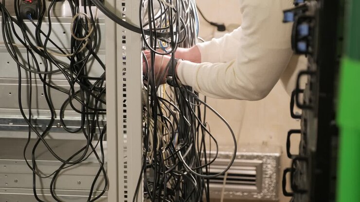 Technician configures the network equipment in the server room