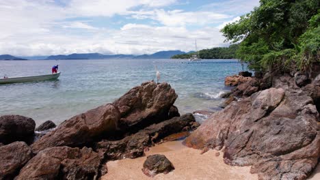 Close-in-of-a-white-crane-standing-on-top-of-a-rock-in-a-beach-in-Ihla-Grande,-Rio-de-Janeiro,-Brazil