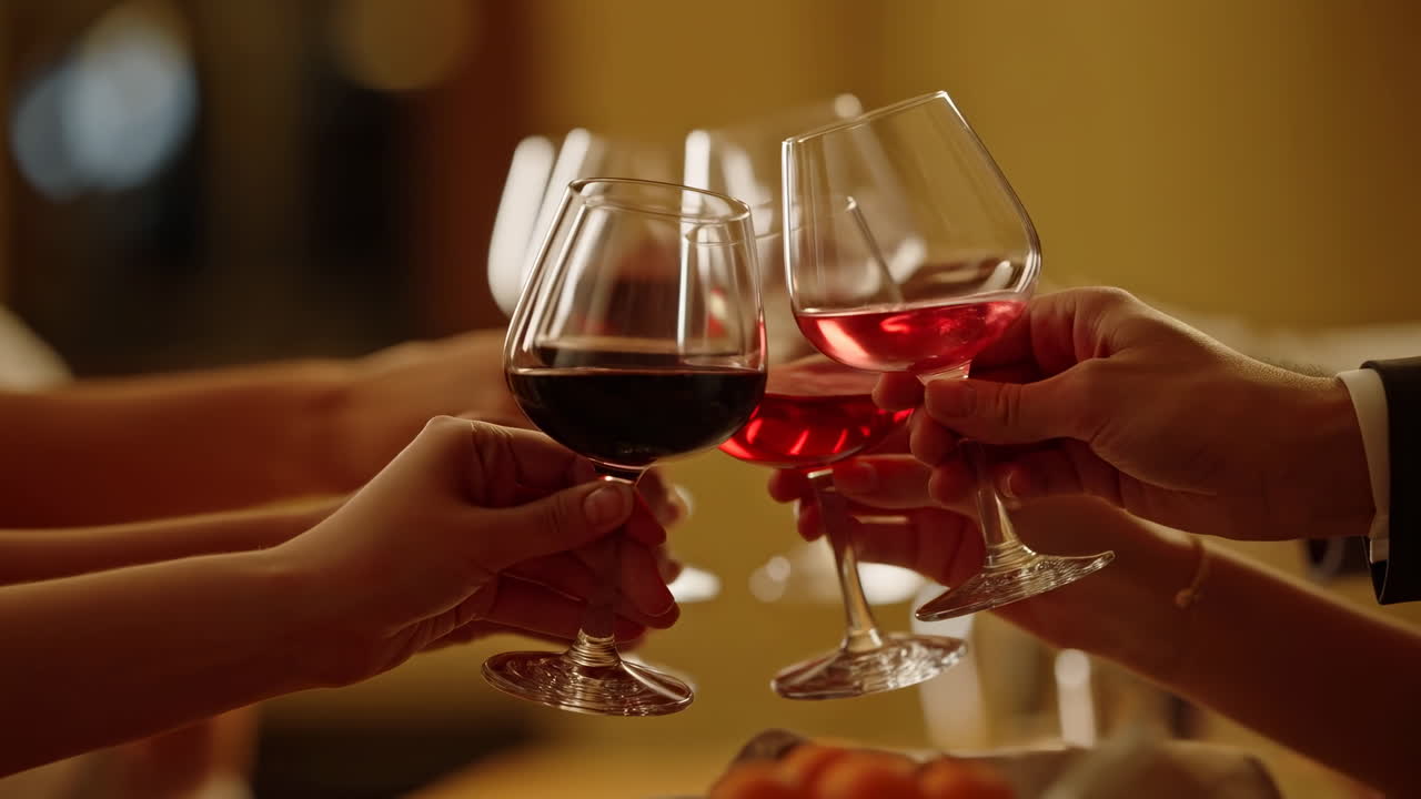 Close-Up of Hands Clinking Wine Glasses in a Festive Toast