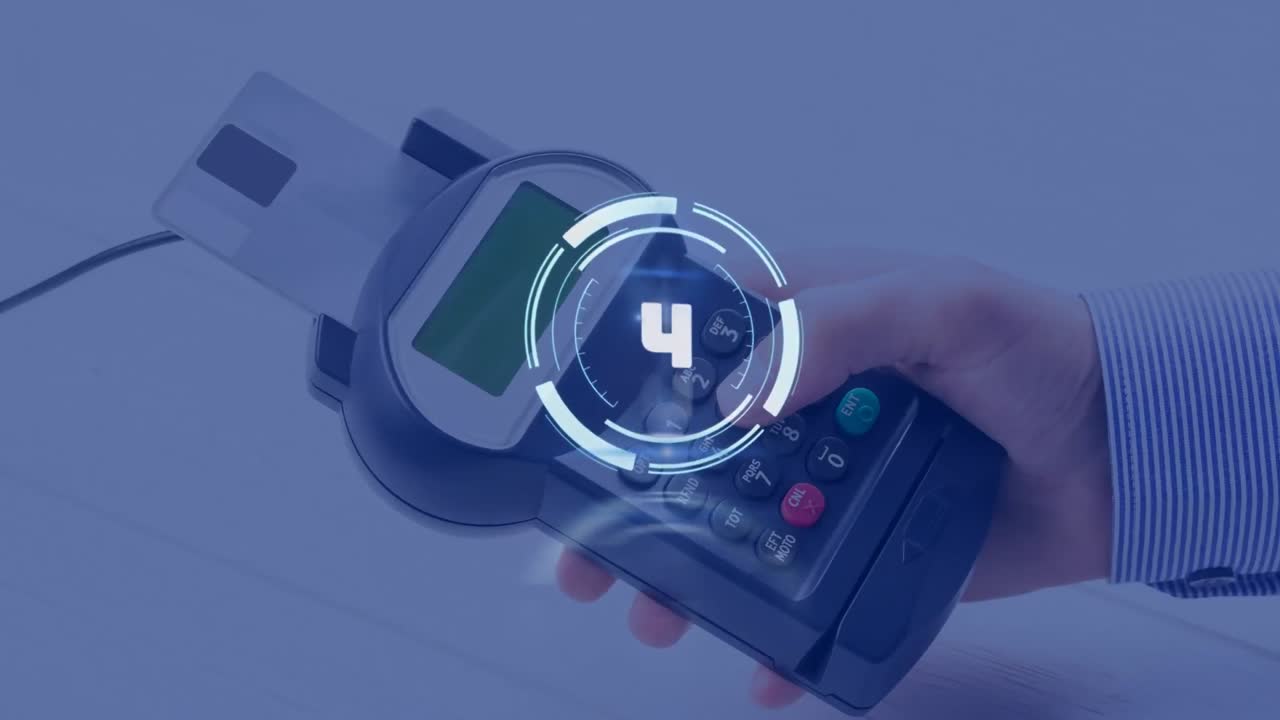 Animation of scope scanning with countdown over payment terminal
