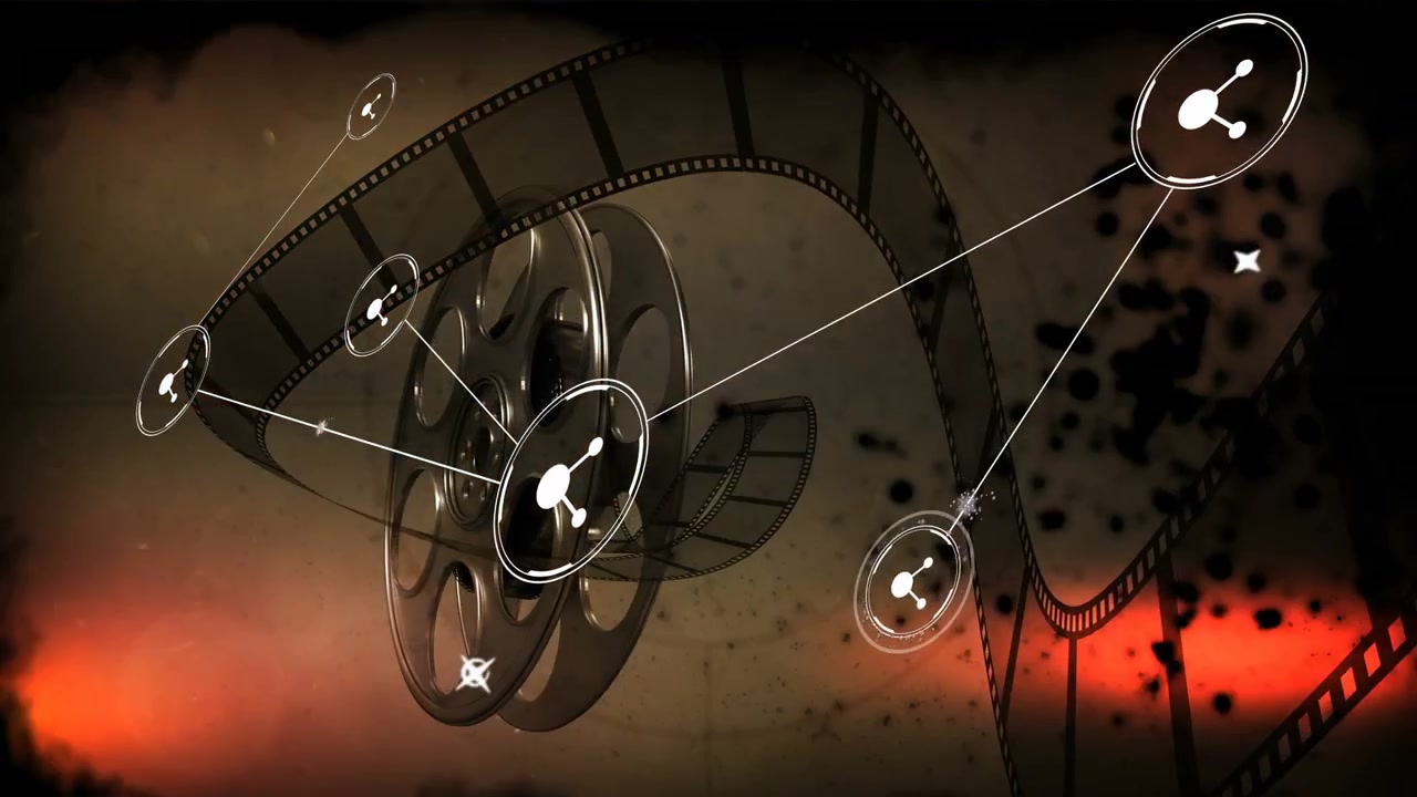 Film reel, filmstrip reacting to glyphs appearing linking icons via turquoise beams for film media