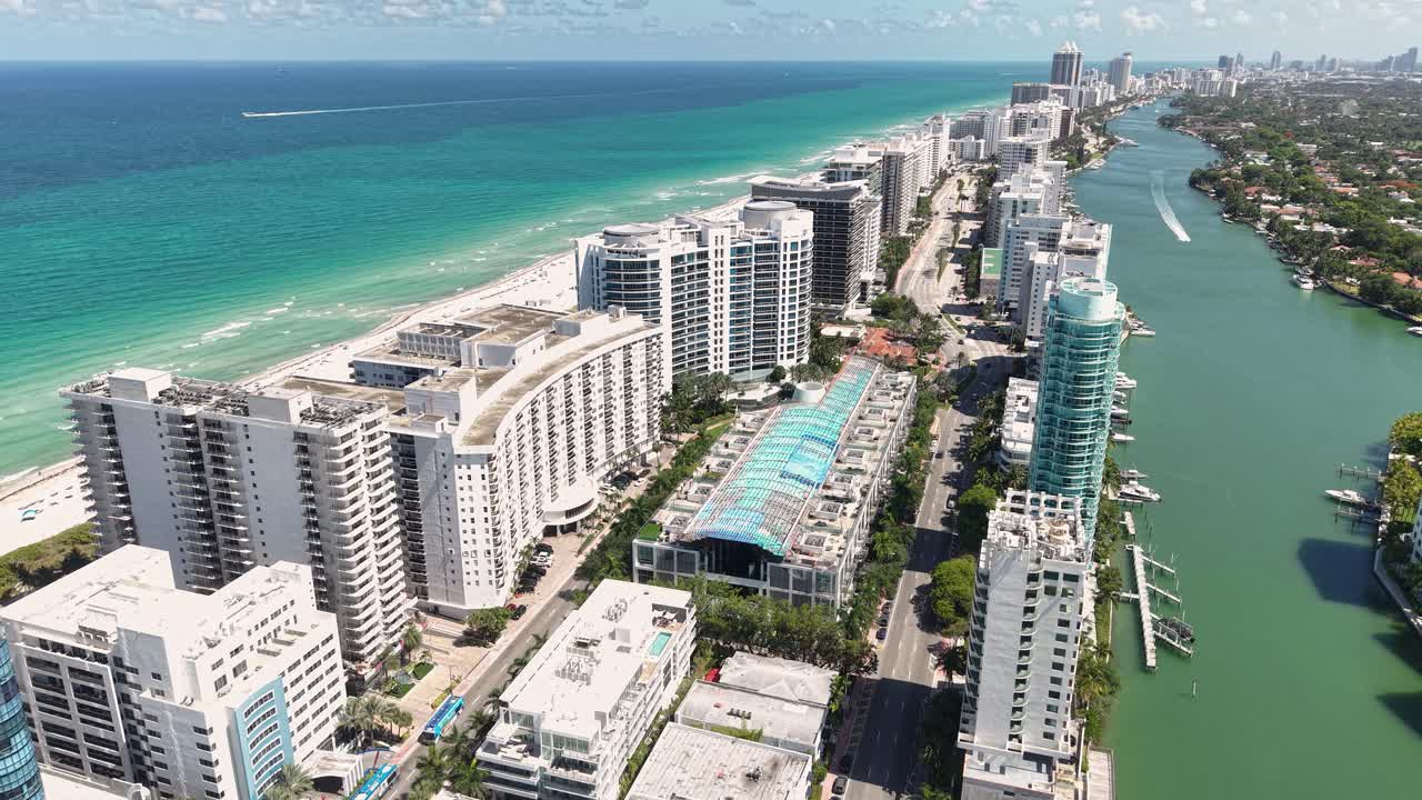 Miami, Florida USA, Drone Shot of North Beach Neighborhood, Beachfront Condominiums and Indian Creek