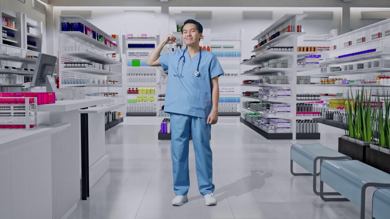 스테토스코프를 가진 아시아 남성 의사의 몸이 가득한 미소와 약국에서 근육을 구부리는